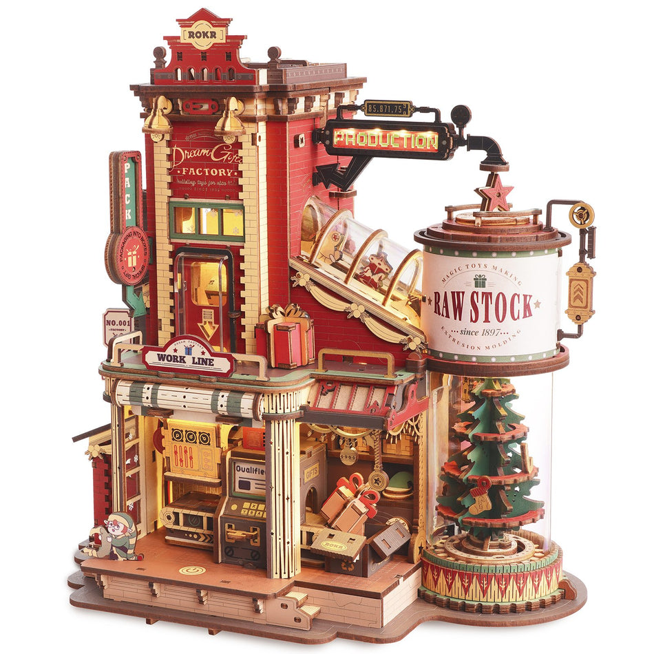 Productfoto van de Robotime Dream Gift Factory, houten bouwpakket van een fabriek die kerstcadeautjes maakt