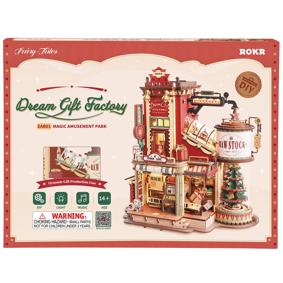 Voorkant verpakking van de Robotime Dream Gift Factory, houten bouwpakket van een fabriek die kerstcadeautjes maakt