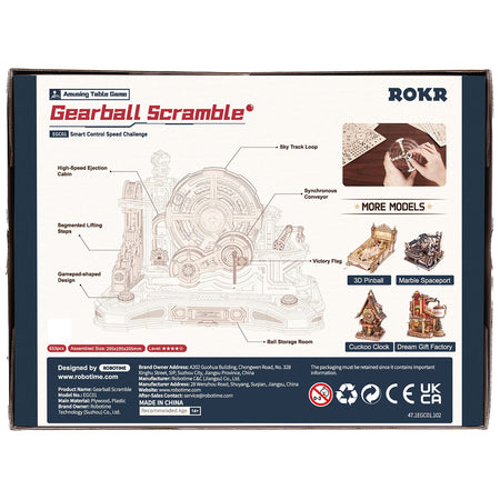 Achterkant verpakking van de Robotime Gear Ball Challenge, houten bouwpakket van een behendigheidsspel met knikkers