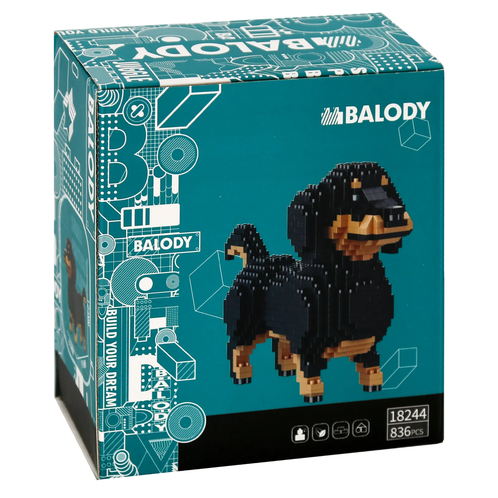 Achterkant verpakking van de Balody miniblocks kleine teckel