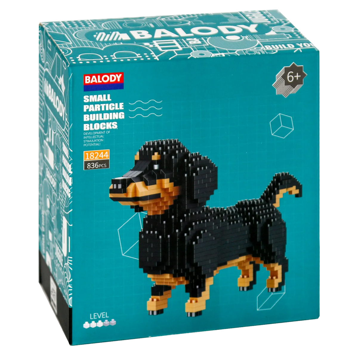 Voorkant verpakking van de Balody miniblocks kleine teckel