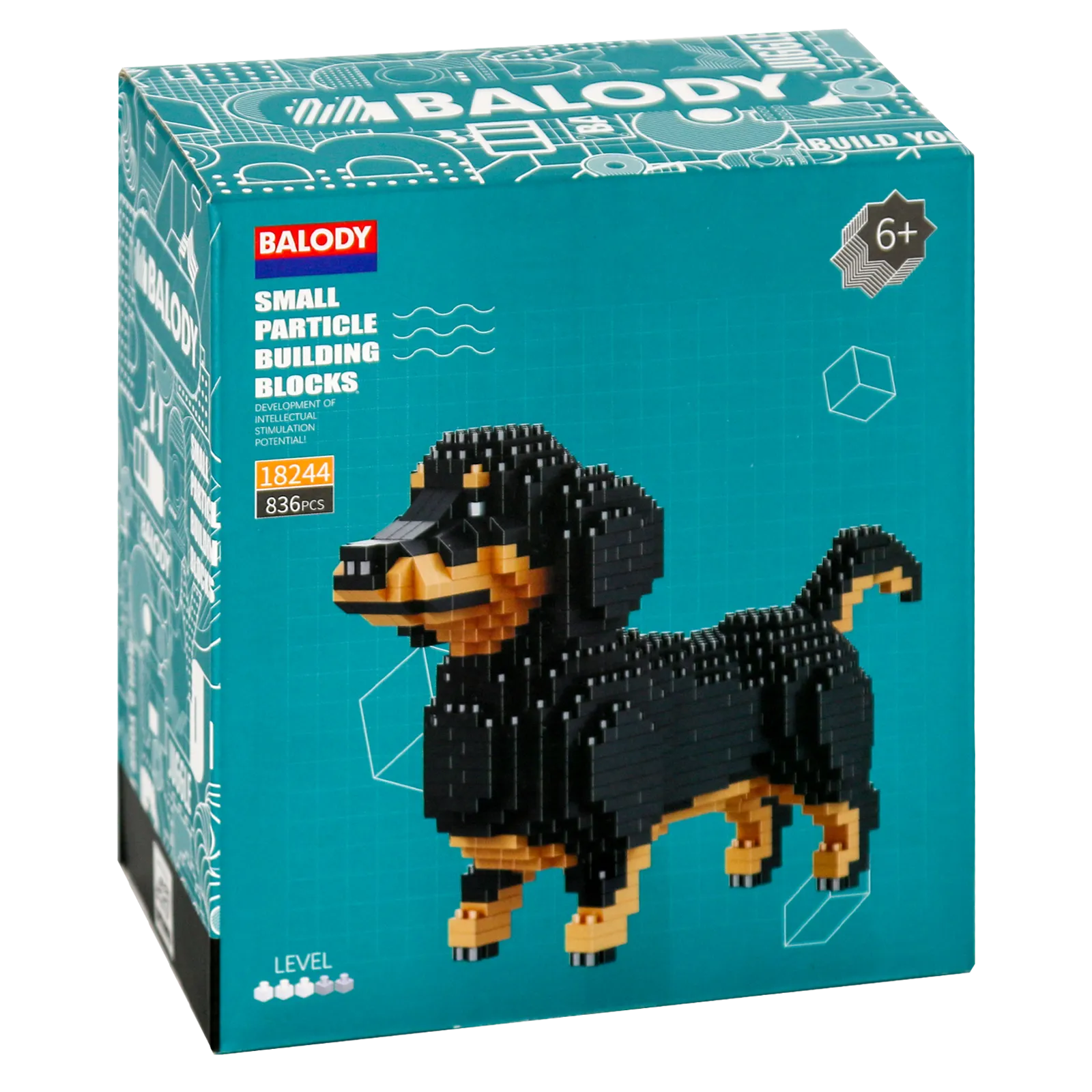 Voorkant verpakking van de Balody miniblocks kleine teckel