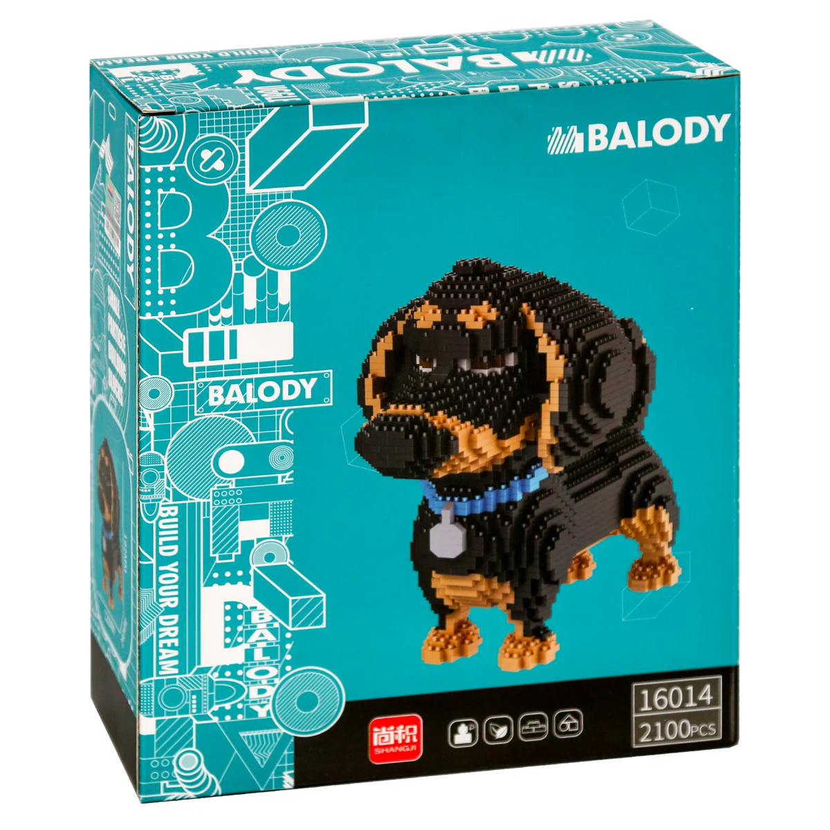 Achterkant verpakking van de Balody miniblocks grote zwart-bruine teckel