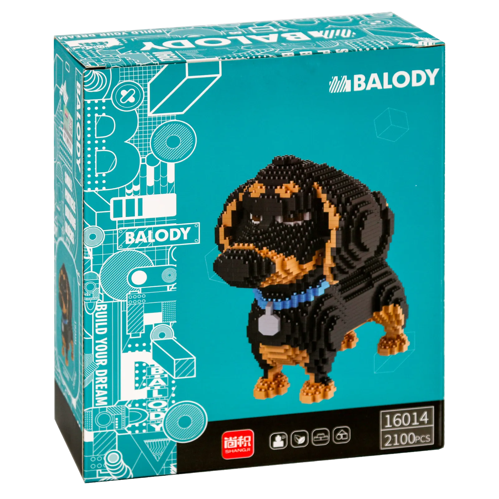 Achterkant verpakking van de Balody miniblocks grote zwart-bruine teckel