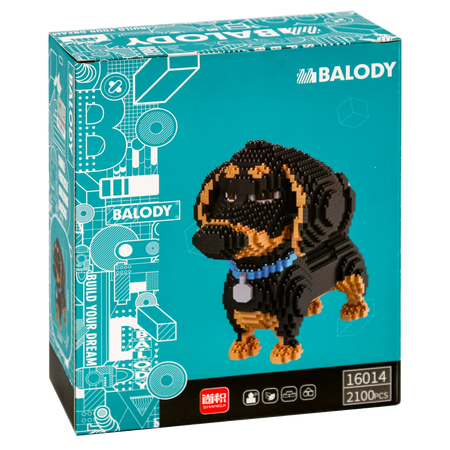 Achterkant verpakking van de Balody miniblocks grote zwart-bruine teckel