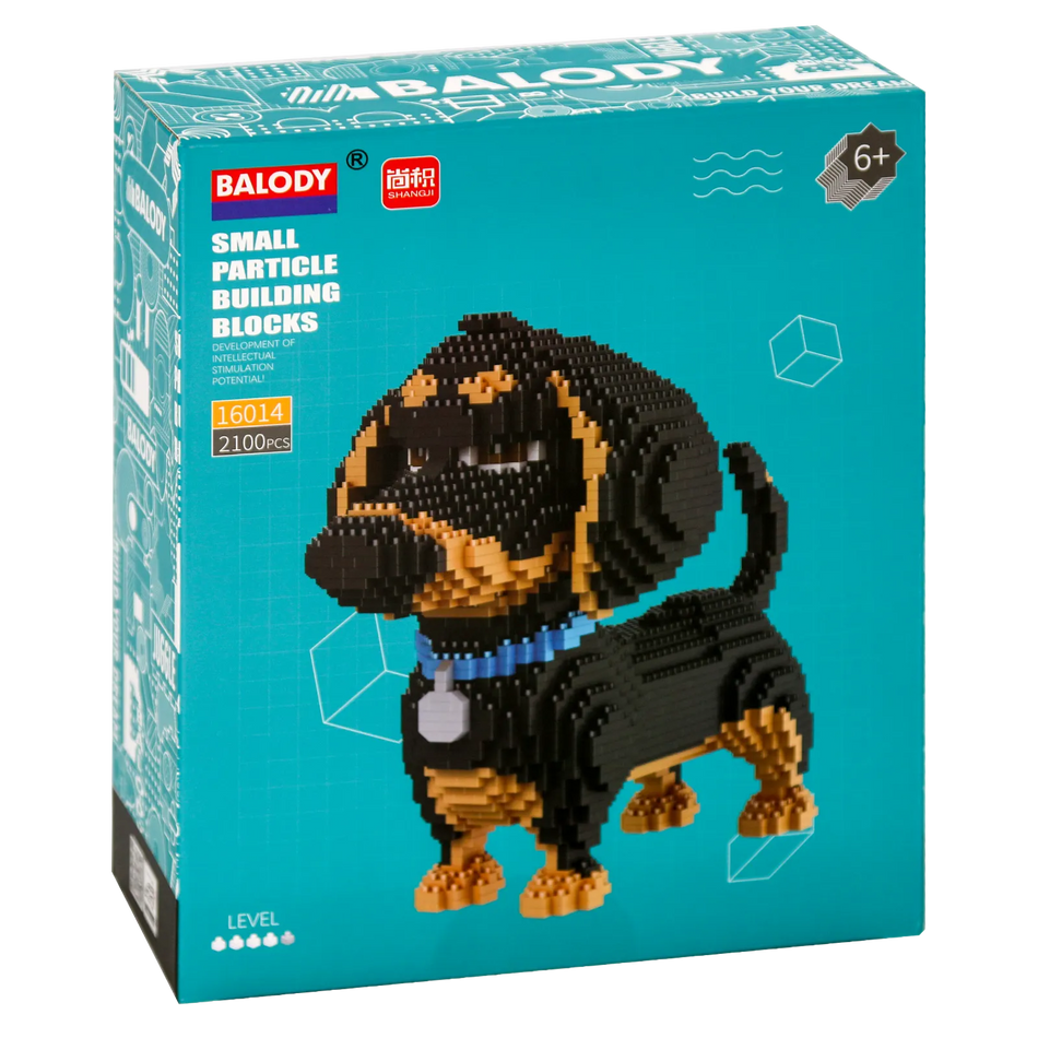 Voorkant verpakking van de Balody miniblocks grote zwart-bruine teckel
