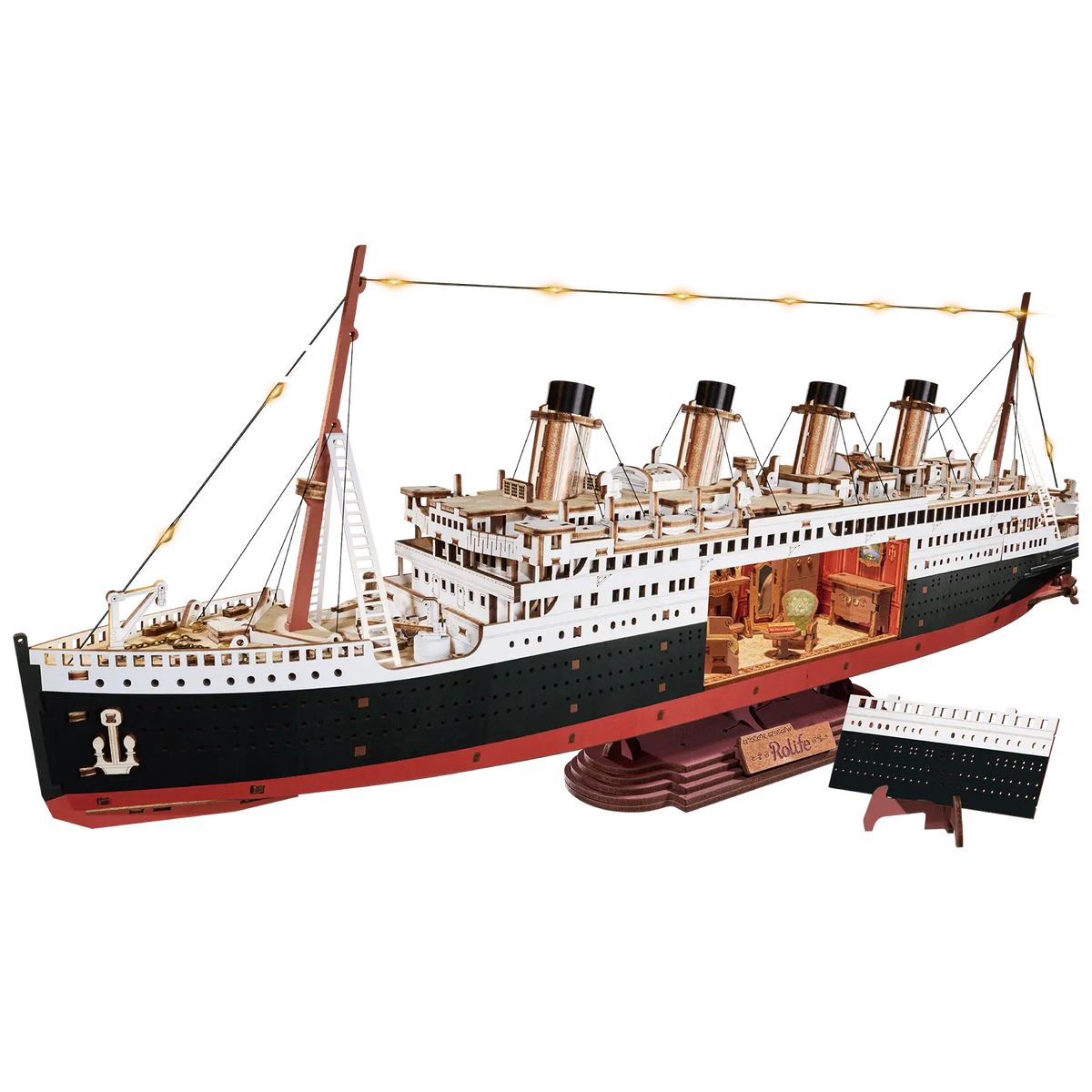 Productfoto van de Robotime 1912 - Eternal Atlantic Voyager, houten modelbouw van een vintage stoomschip met een uitsnede in de romp waarin retro interieur te zien is