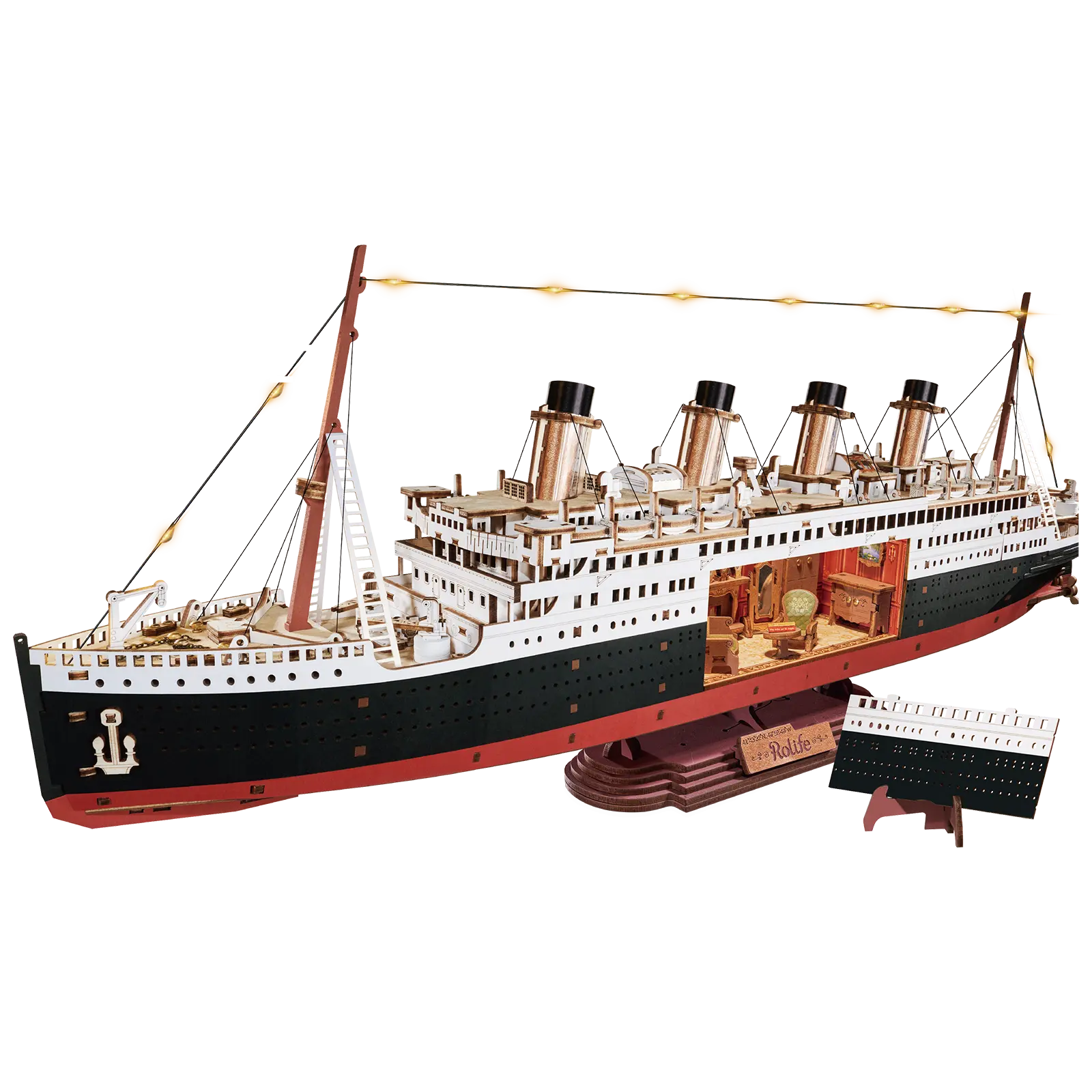 Productfoto van de Robotime 1912 - Eternal Atlantic Voyager, houten modelbouw van een vintage stoomschip met een uitsnede in de romp waarin retro interieur te zien is