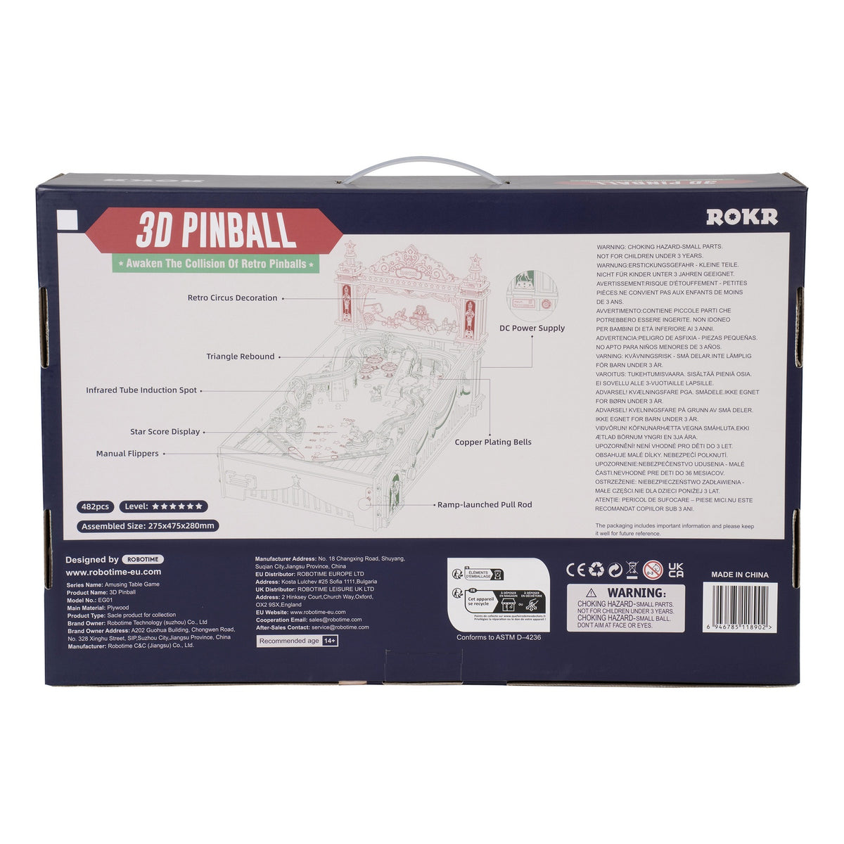 Achterkant verpakking van de Robotime 3D Pinball Machine, houten bouwpakket van een functionele flipperkast met licht, geluid en werkende puntentelling 