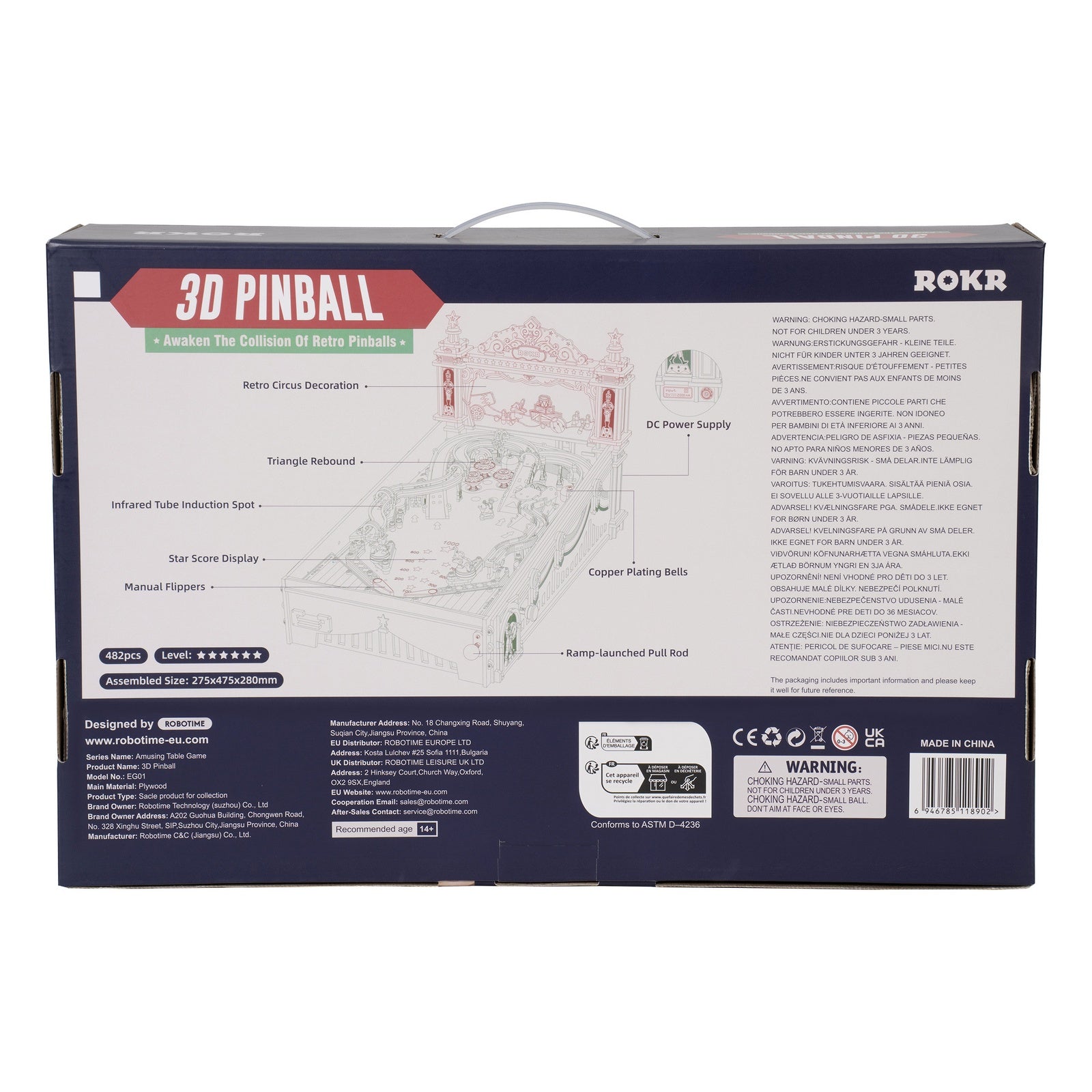 Achterkant verpakking van de Robotime 3D Pinball Machine, houten bouwpakket van een functionele flipperkast met licht, geluid en werkende puntentelling 