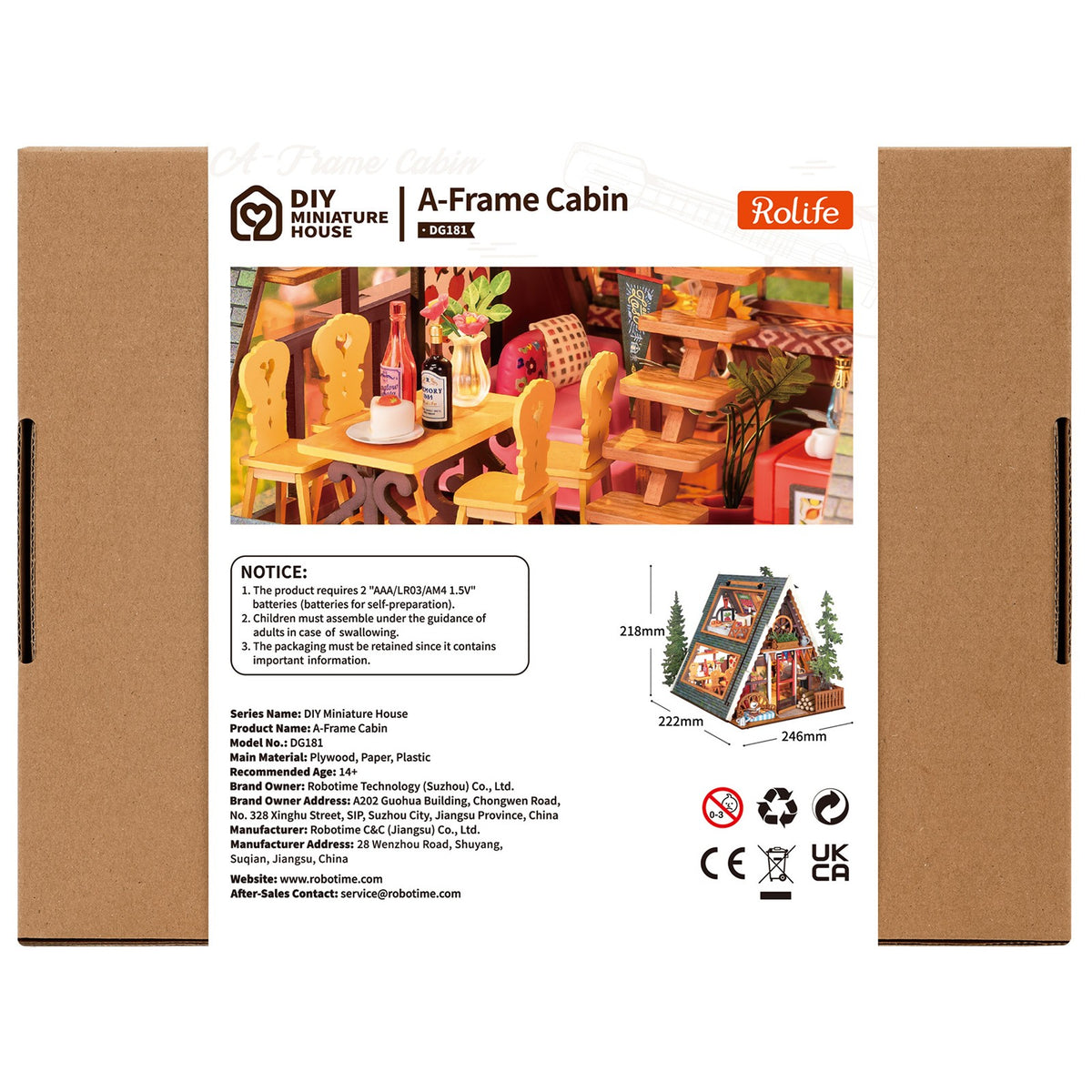 Achterkant verpakking van de Robotime A-Frame Cabin, miniatuur vakantiehuisje in winterse, Oostenrijkse stijl