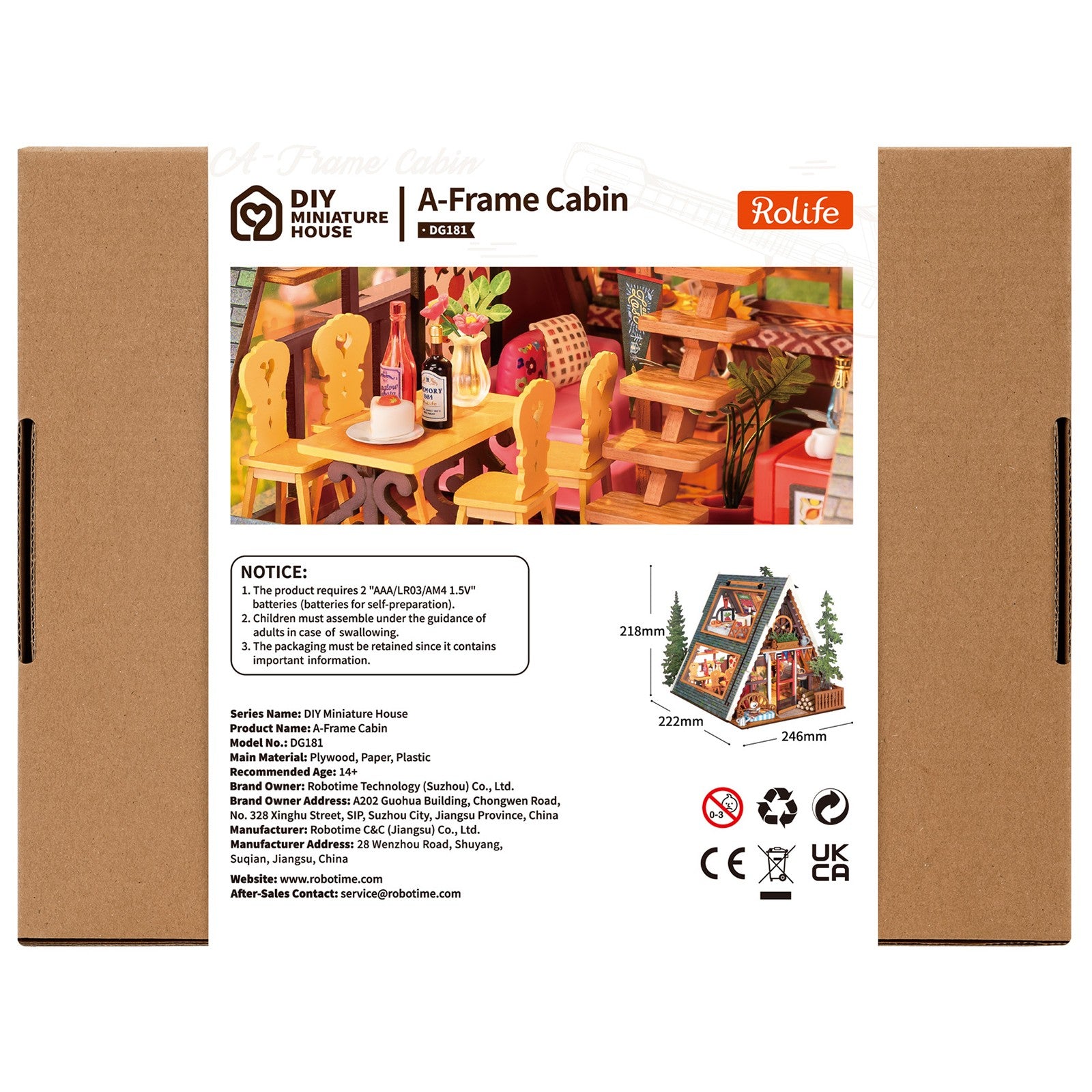 Achterkant verpakking van de Robotime A-Frame Cabin, miniatuur vakantiehuisje in winterse, Oostenrijkse stijl