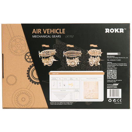 Achterkant verpakking van de Robotime Air Vehicle, houten modelbouw van een mechansche, rijdende steampunk zeppelin