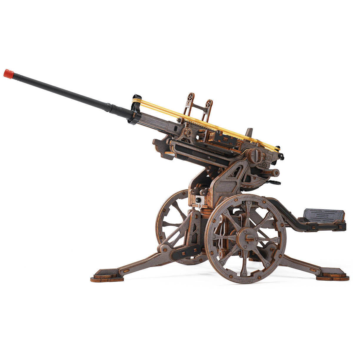 Productfoto van de Robotime Anti-aircraft Gun, houten bouwpakket van luchtafweergeschut dat met elastiekjes kan schieten