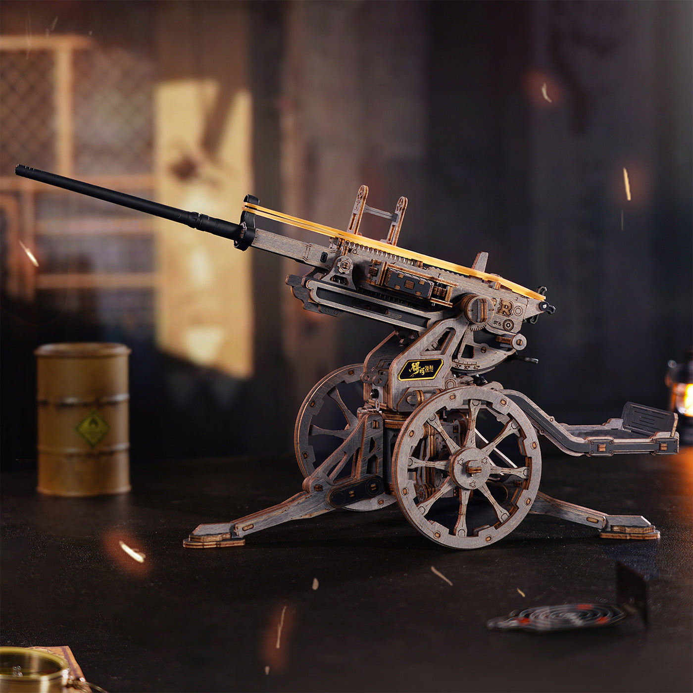 Sfeervolle presentatie van de Robotime Anti-aircraft Gun, houten bouwpakket van luchtafweergeschut dat met elastiekjes kan schieten