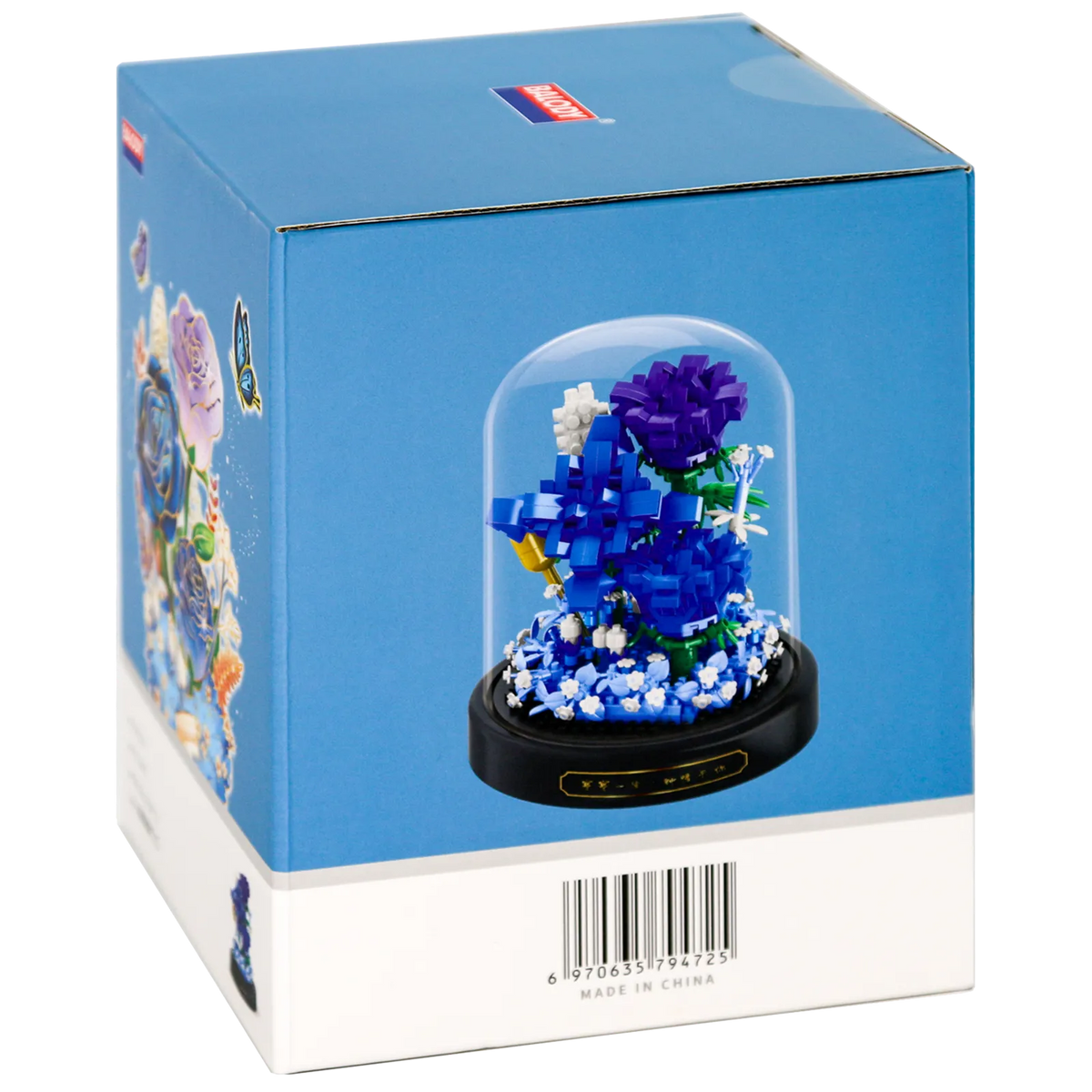 Zijkant verpakking van de Balody miniblocks blauwe rozen in stolp