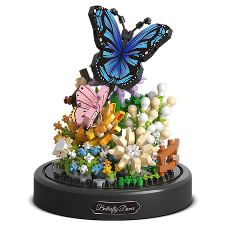 Productfoto van de Balody miniblocks blauwe vlinder en roze vlinder met bloemen in een stolp