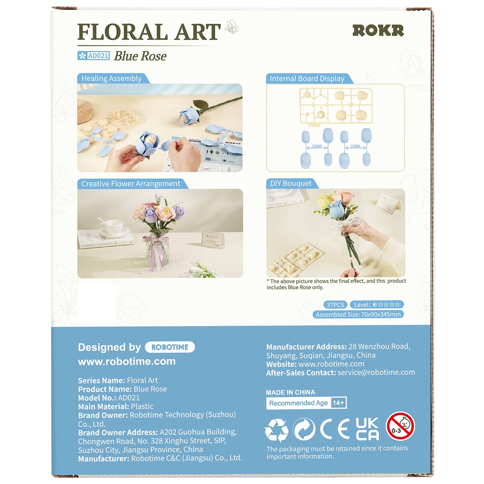Achterkant verpakking van de Robotime Blue Rose, kunststof bouwpakket van een blauwe roos