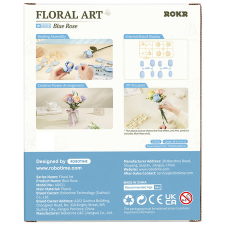 Achterkant verpakking van de Robotime Blue Rose, kunststof bouwpakket van een blauwe roos