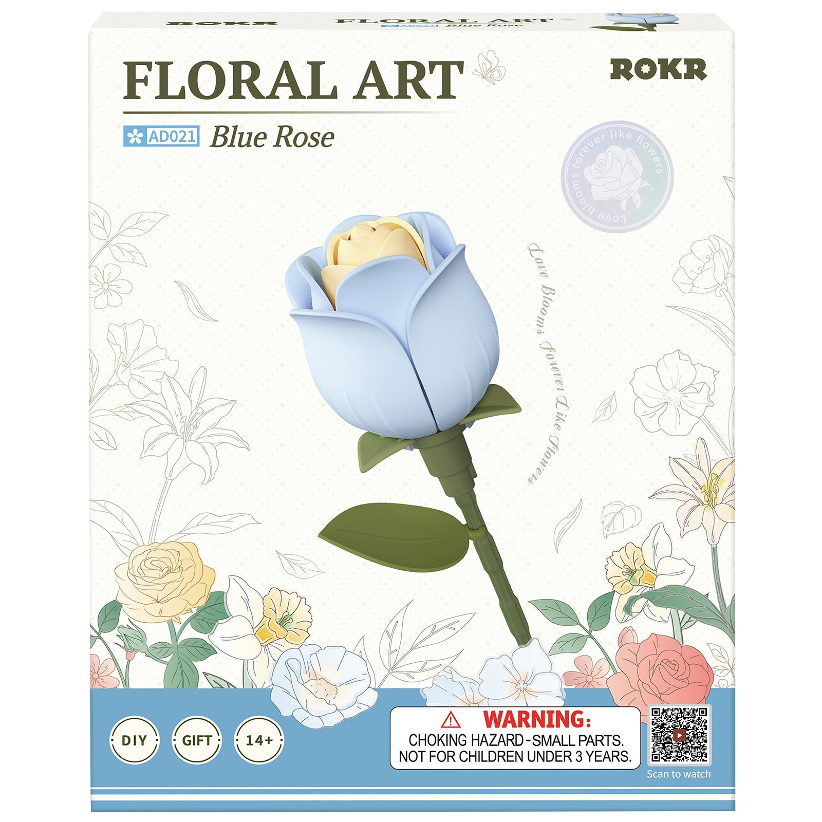 Voorkant verpakking van de Robotime Blue Rose, kunststof bouwpakket van een blauwe roos