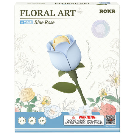 Voorkant verpakking van de Robotime Blue Rose, kunststof bouwpakket van een blauwe roos