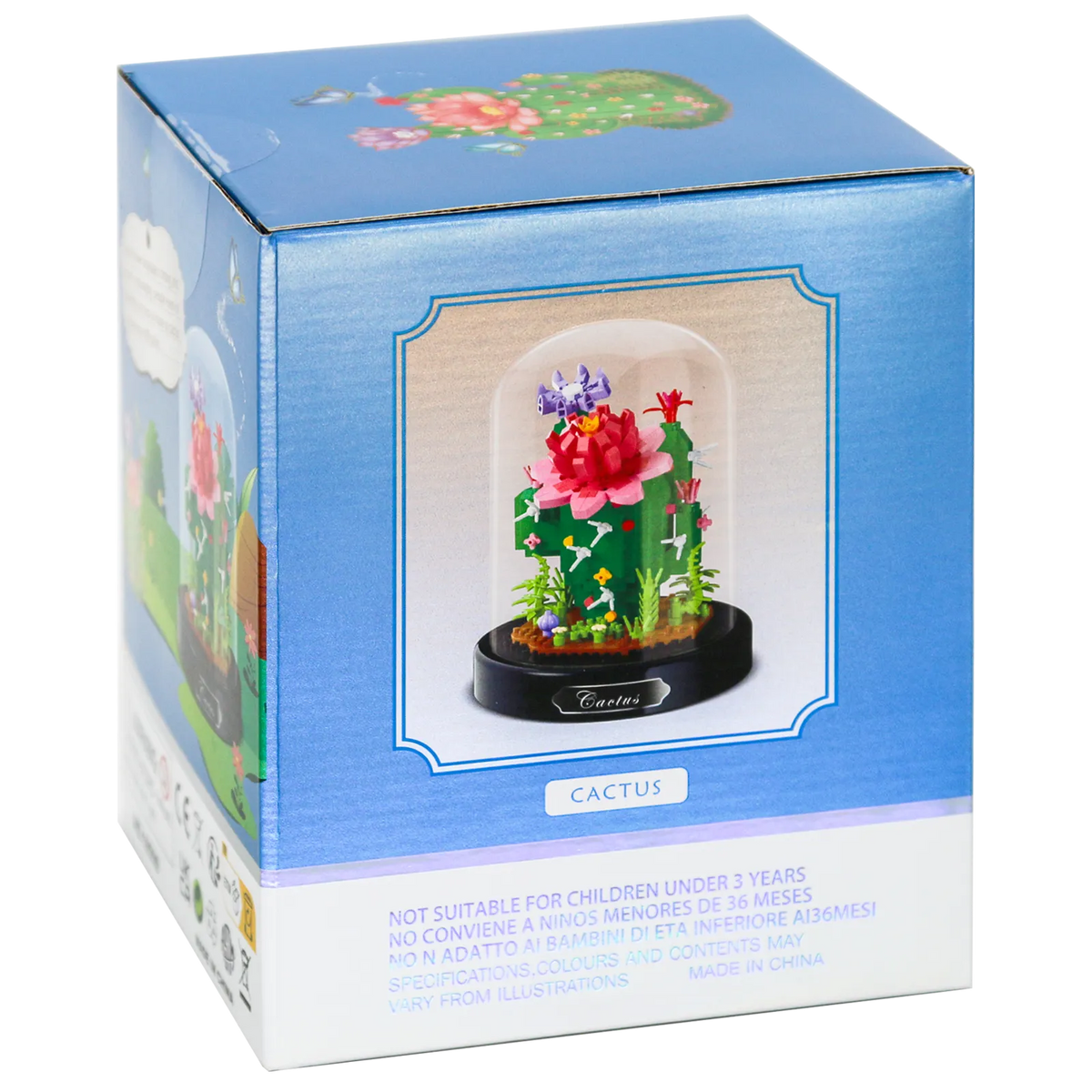 Zijkant verpakking van de Balody miniblocks cactus in stolp