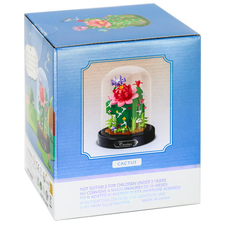 Zijkant verpakking van de Balody miniblocks cactus in stolp