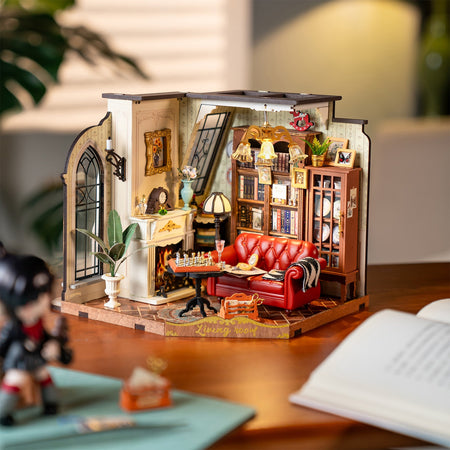 Sfeervolle presentatie van de Robotime Catherine’s Living Room, DIY miniatuurhuisje van een vintage woonkamer