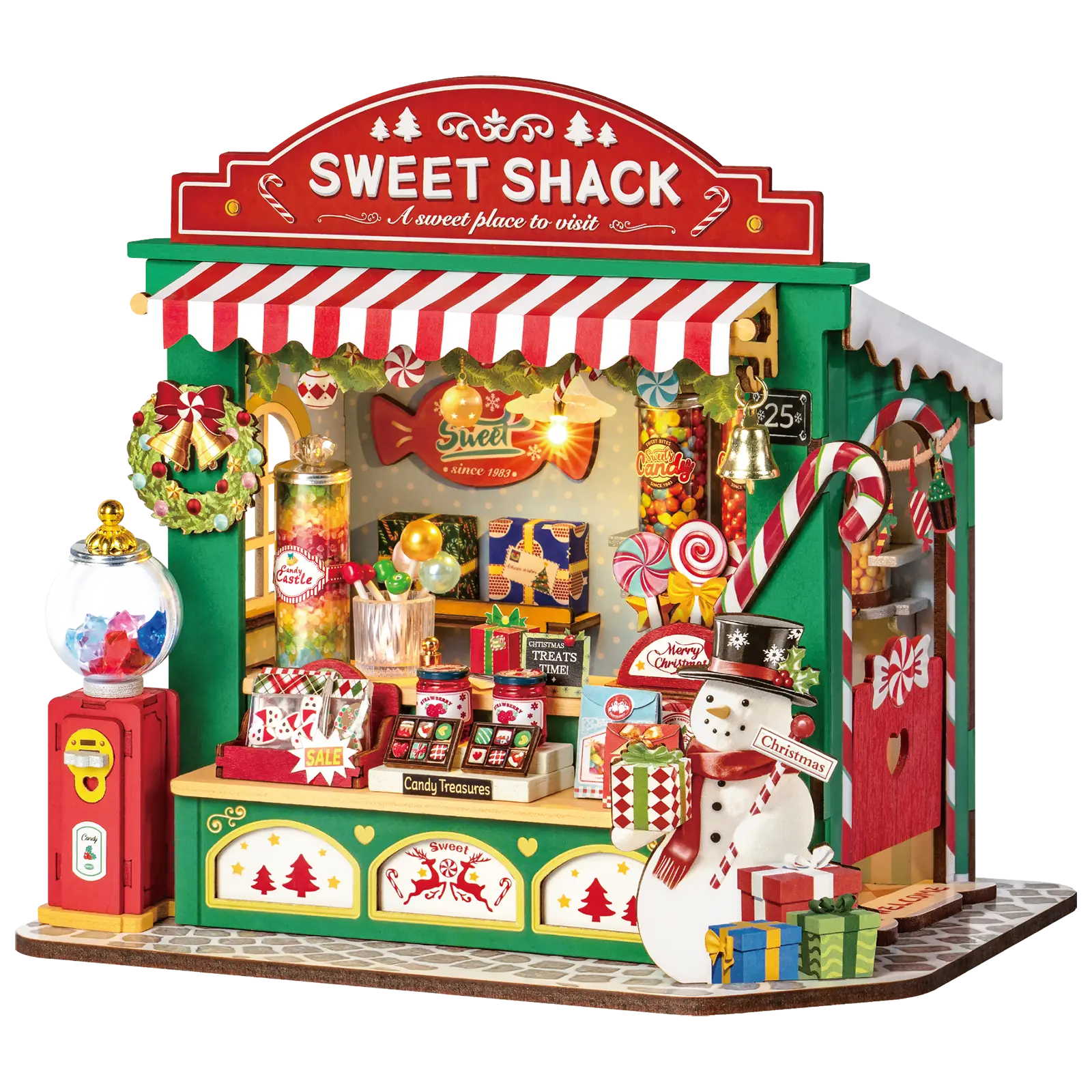 Productfoto van de Robotime Christmas Candy Stand, bouwpakket van een miniatuur snoepkraampje in kerstthema