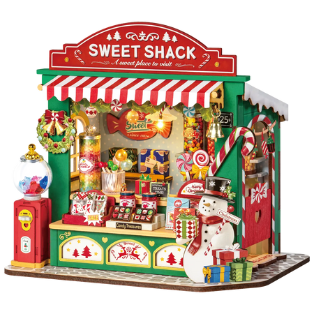 Productfoto van de Robotime Christmas Candy Stand, bouwpakket van een miniatuur snoepkraampje in kerstthema