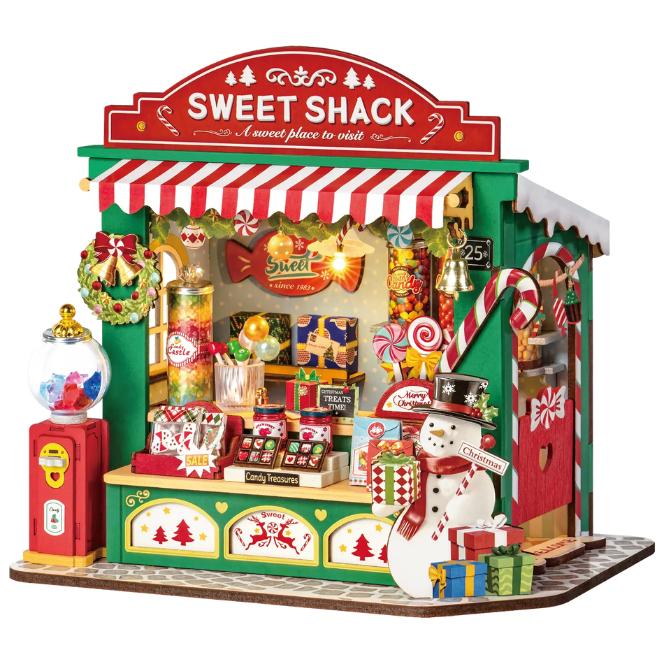 Productfoto van de Robotime Christmas Candy Stand, bouwpakket van een miniatuur snoepkraampje in kerstthema