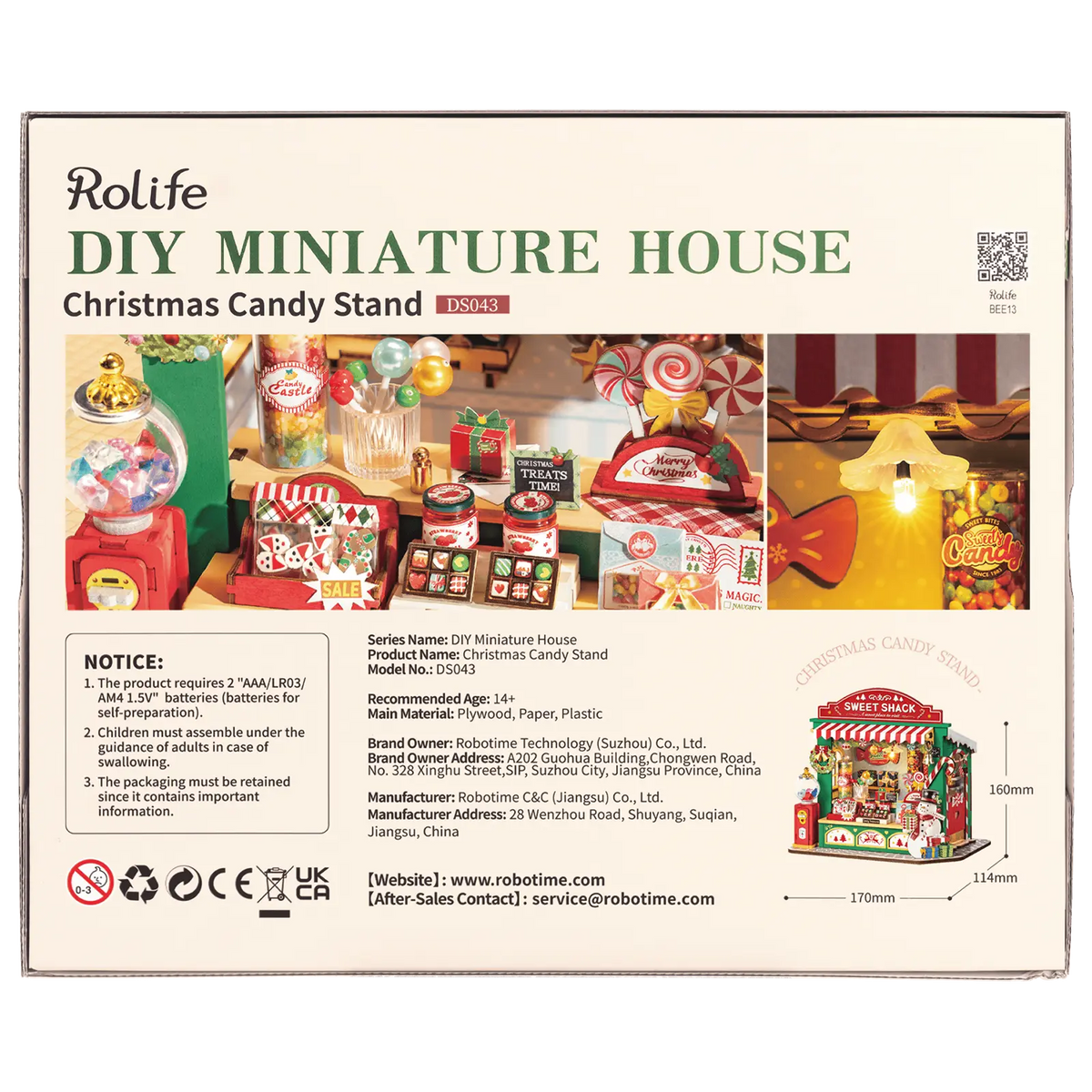 Achterkant verpakking van de Robotime Christmas Candy Stand, bouwpakket van een miniatuur snoepkraampje in kerstthema