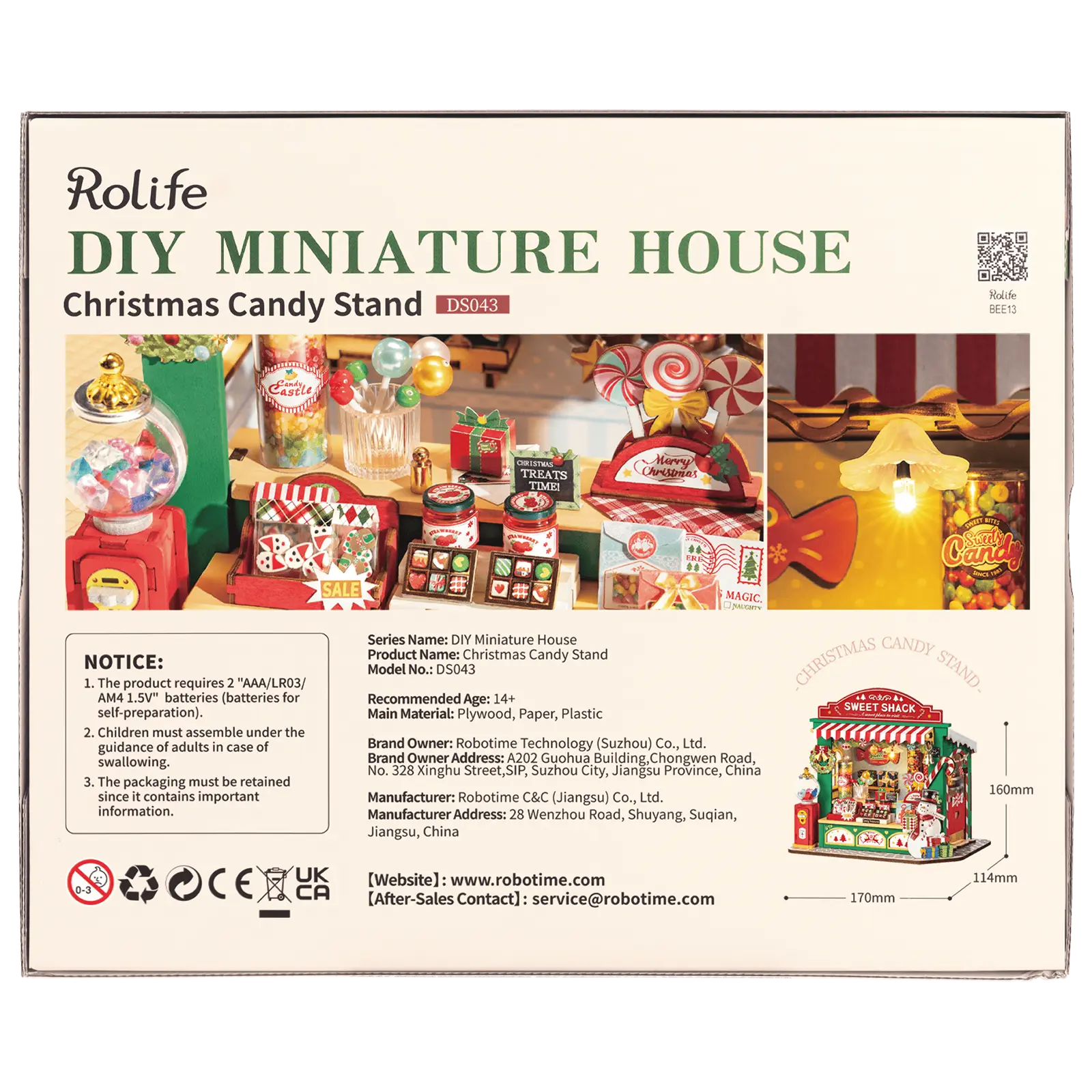 Achterkant verpakking van de Robotime Christmas Candy Stand, bouwpakket van een miniatuur snoepkraampje in kerstthema