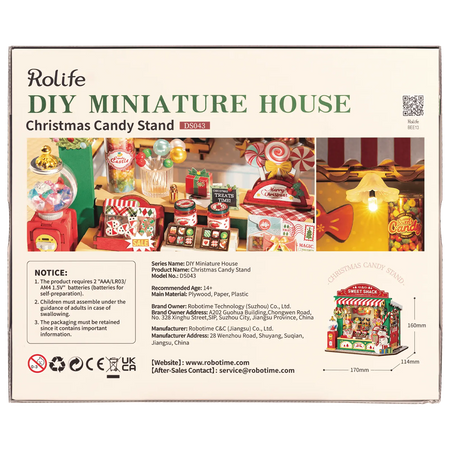 Achterkant verpakking van de Robotime Christmas Candy Stand, bouwpakket van een miniatuur snoepkraampje in kerstthema