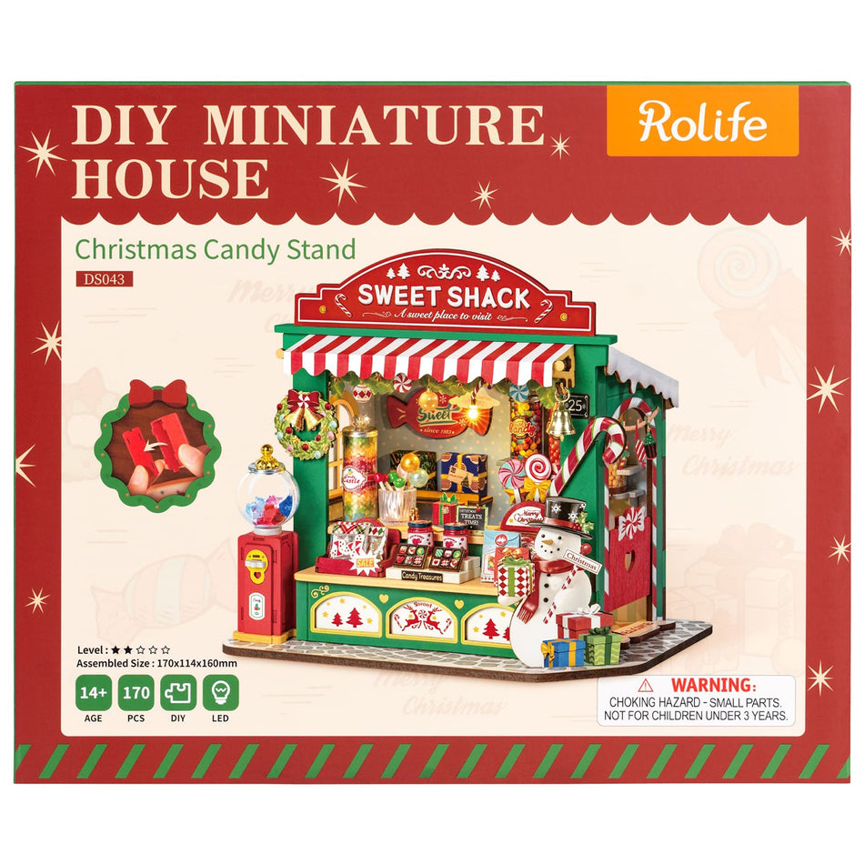 Voorkant verpakking van de Robotime Christmas Candy Stand, bouwpakket van een miniatuur snoepkraampje in kerstthema