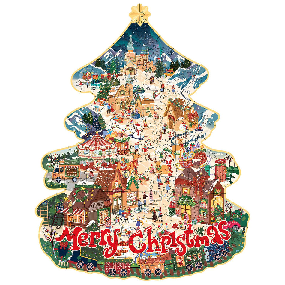 Productfoto van de Robotime Christmas Town, kerstboom legpuzzel met bijzondere stukjes, met daarop afgebeeld een dorp in kerstsfeer