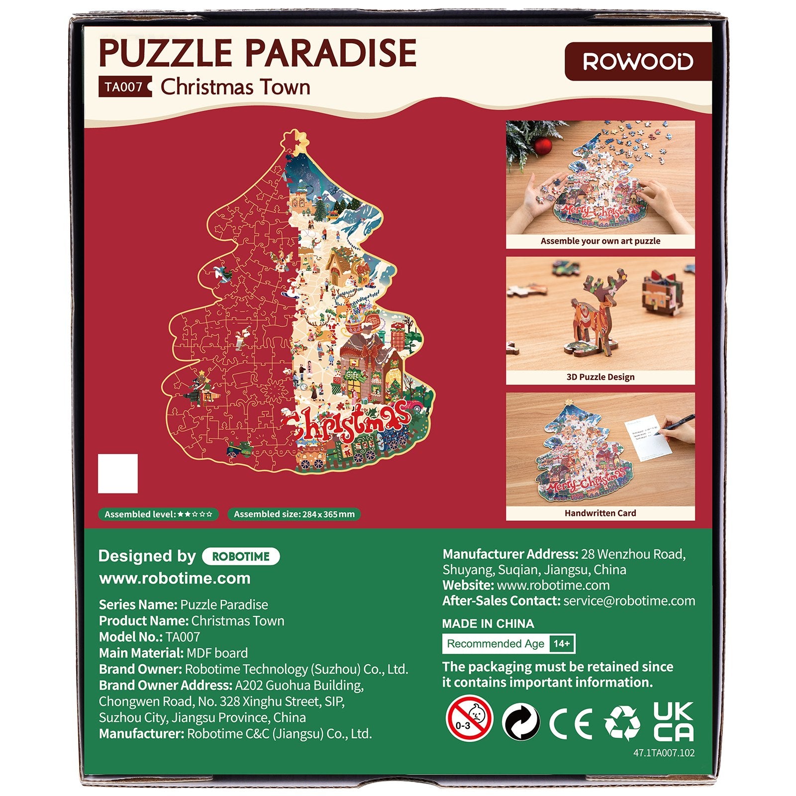Achterkant verpakking van de Robotime Christmas Town, kerstboom legpuzzel met bijzondere stukjes, met daarop afgebeeld een dorp in kerstsfeer