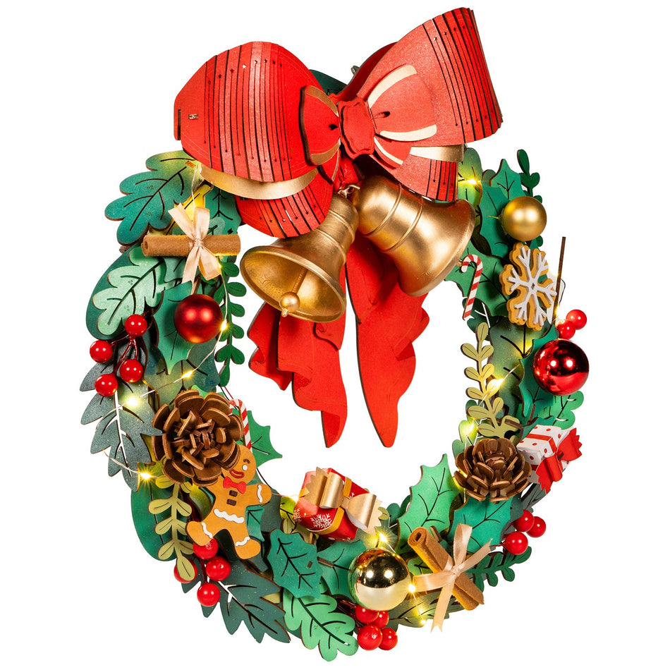 Voorkant van de Robotime Christmas Wreath, houten bouwpakket van een kerstkrans