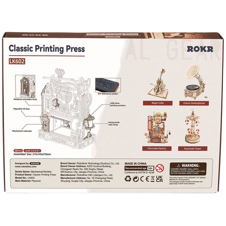 Achterkant verpakking van de Robotime Classic Printing Press, houten modelbouw van een werkende drukpers