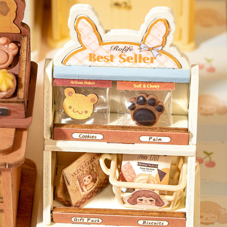 Voorverpakte koekjes gepresenteerd in een display in de Robotime Cookii Bunny’s Cookie Shop
