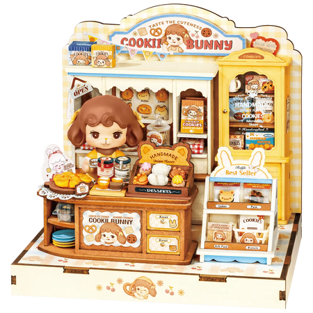 Productfoto van de Robotime Cookii Bunny’s Cookie Shop, miniatuurhuisje van een koekjeswinkel met Cookii Bunny achter de toonbank