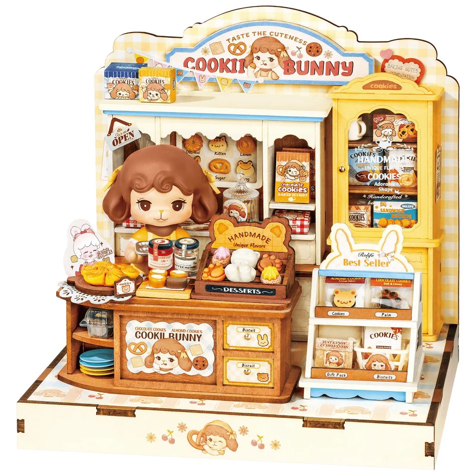 Productfoto van de Robotime Cookii Bunny’s Cookie Shop, miniatuurhuisje van een koekjeswinkel met Cookii Bunny achter de toonbank