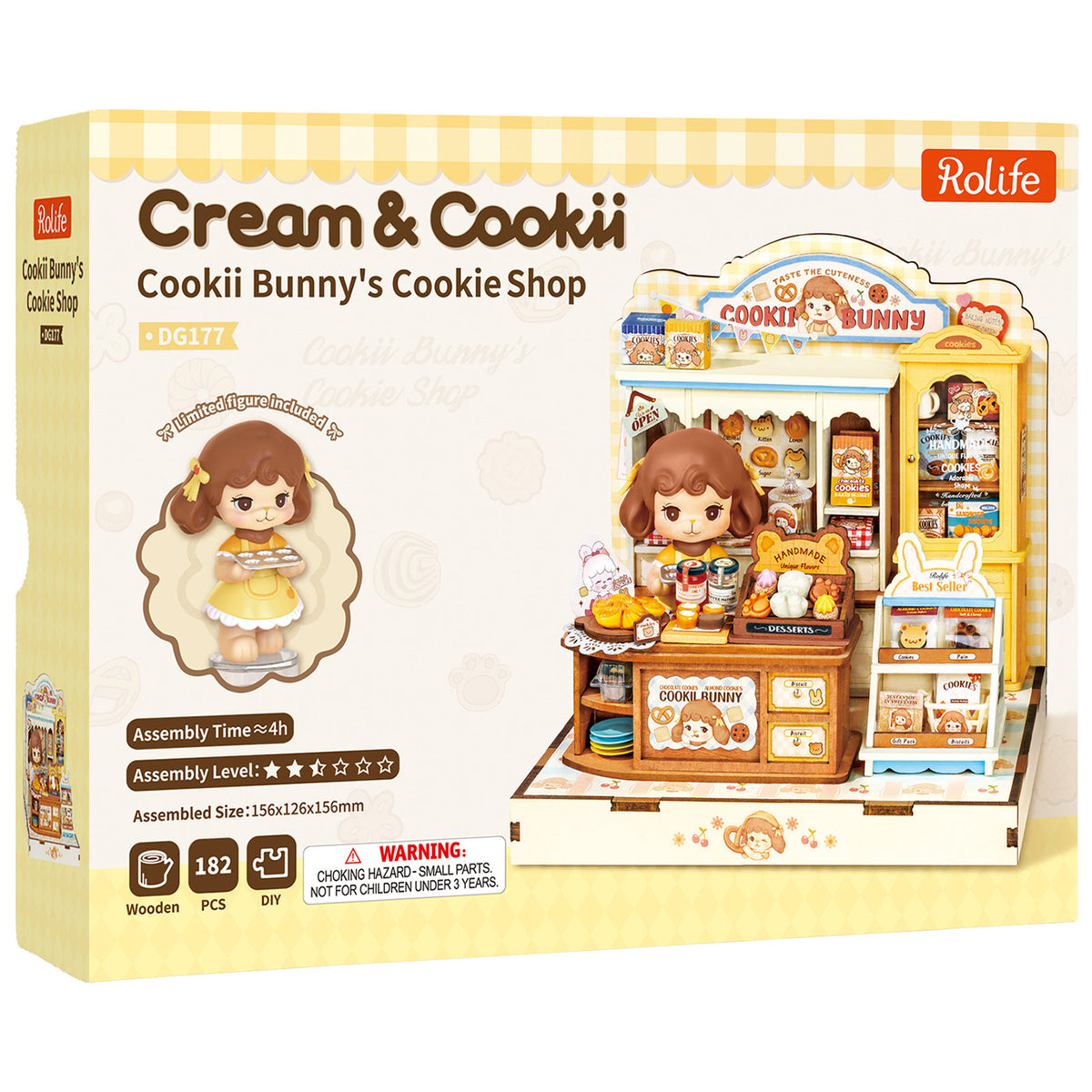 Voorkant verpakking van de Robotime Cookii Bunny’s Cookie Shop, miniatuurhuisje van een koekjeswinkel met Cookii Bunny achter de toonbank