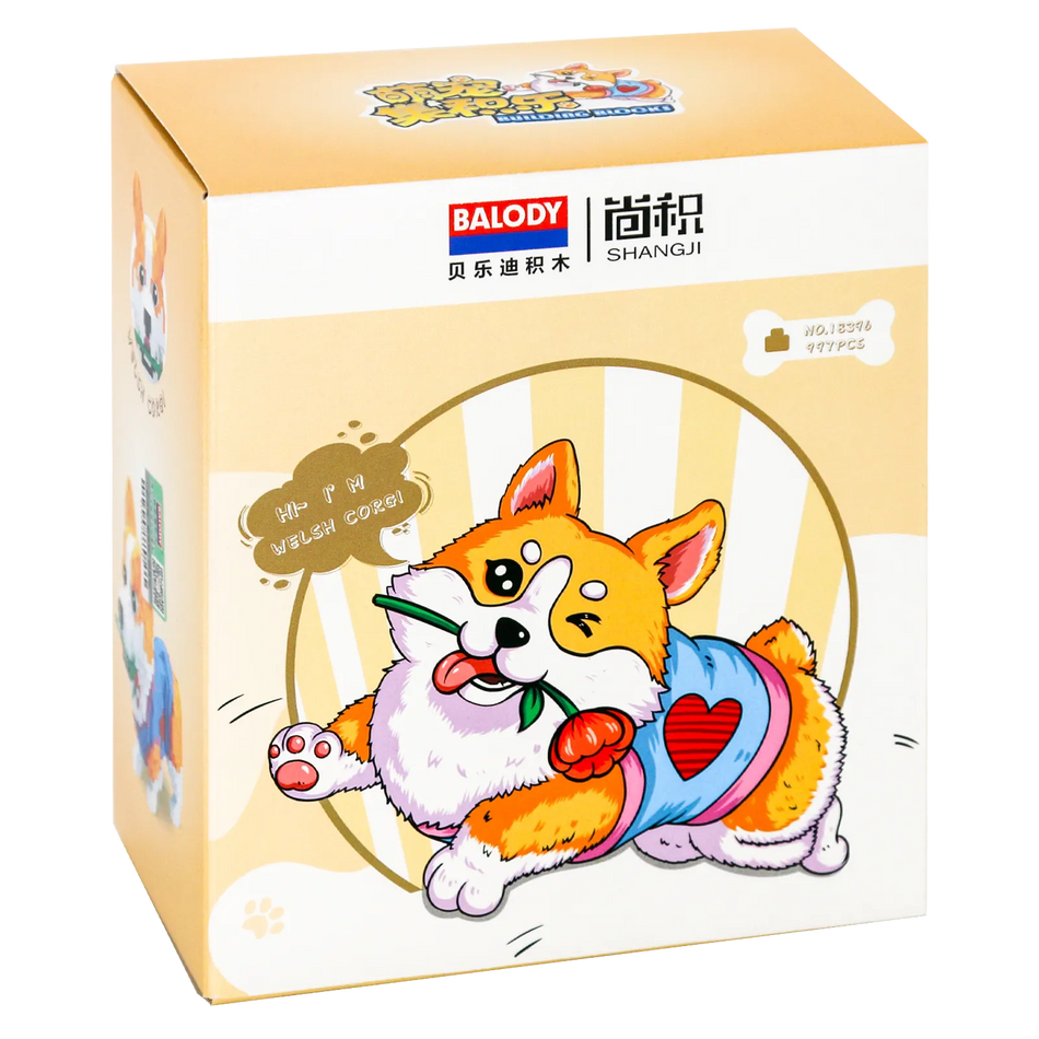Voorkant verpakking van de Balody miniblocks corgi in trui met een bloem in zijn bek