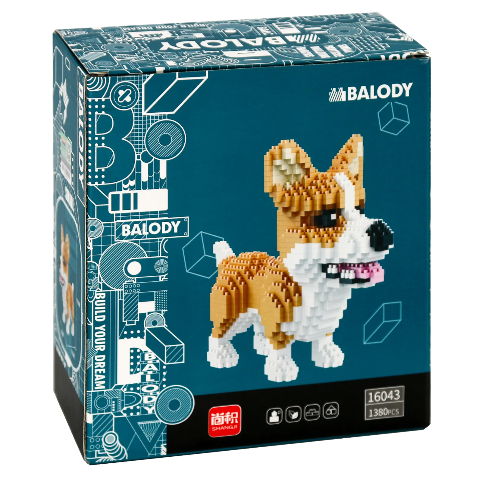 Achterkant verpakking van de Balody miniblocks corgi