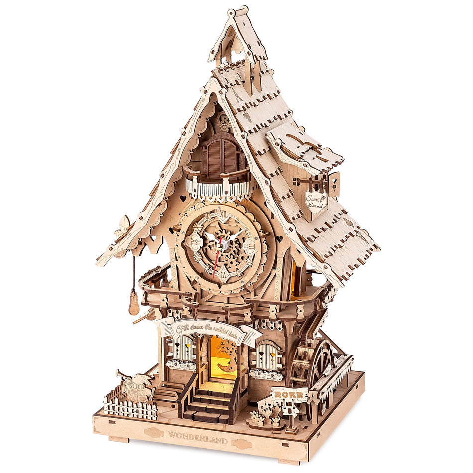 Productfoto van de Robotime Cuckoo Clock Naturel Hout, houten bouwpakket van een koekoeksklok in naturel houtkleur