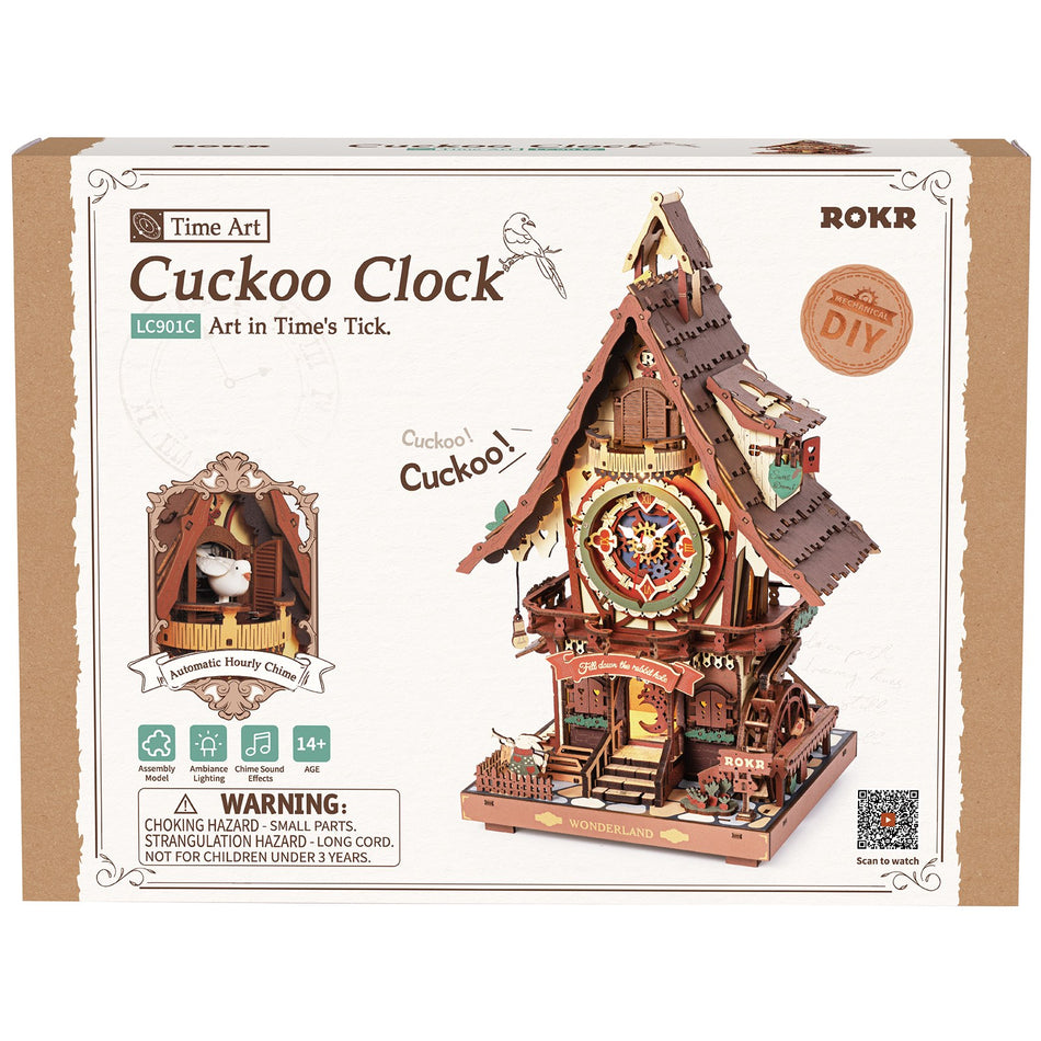 Voorkant verpakking van de Robotime Cuckoo Clock Naturel Hout, houten bouwpakket van een koekoeksklok in naturel houtkleur
