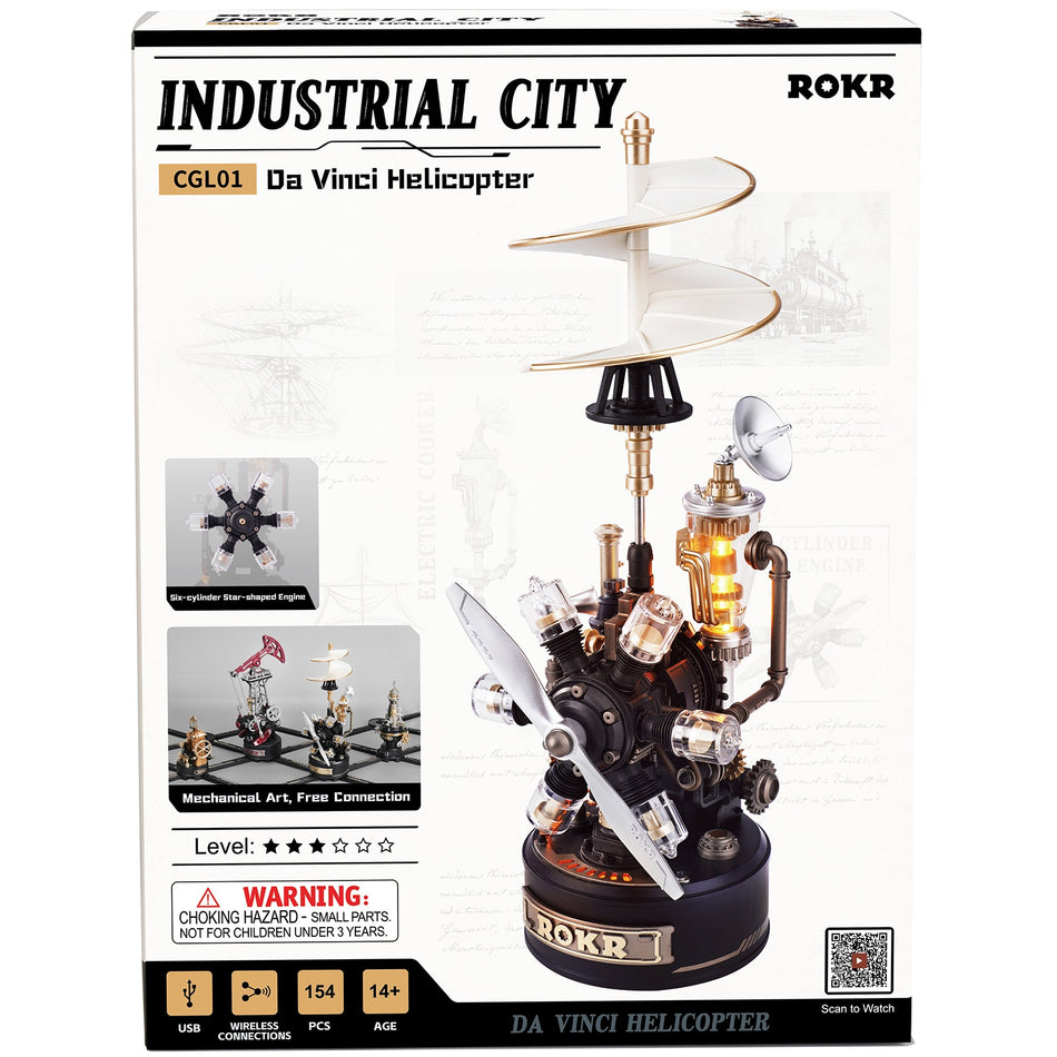 Voorkant verpakking van de Robotime Da Vinci Helicopter, modelbouwpakket geïnspireerd op de helikopter van Leonardo da Vinci