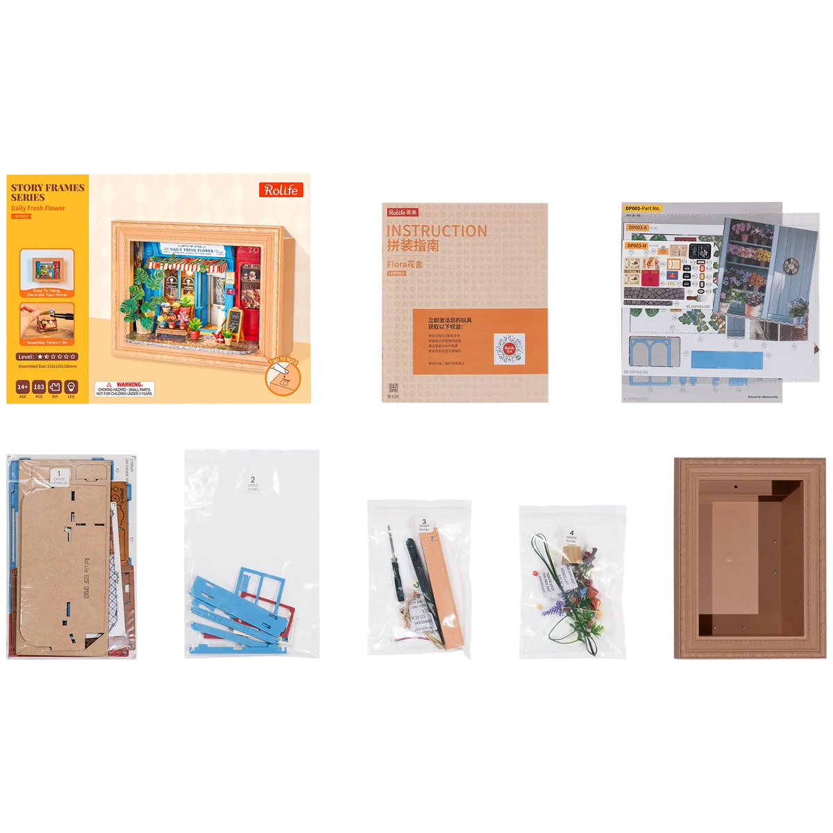 Verpakkingsinhoud van de Robotime Daily Fresh Flower, diorama in een lijst van een ouderwets winkeltje met bloemen en planten