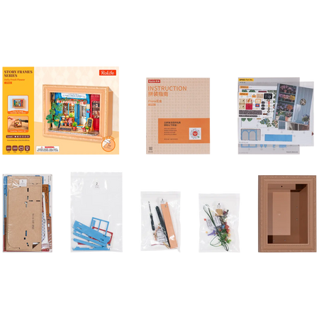 Verpakkingsinhoud van de Robotime Daily Fresh Flower, diorama in een lijst van een ouderwets winkeltje met bloemen en planten